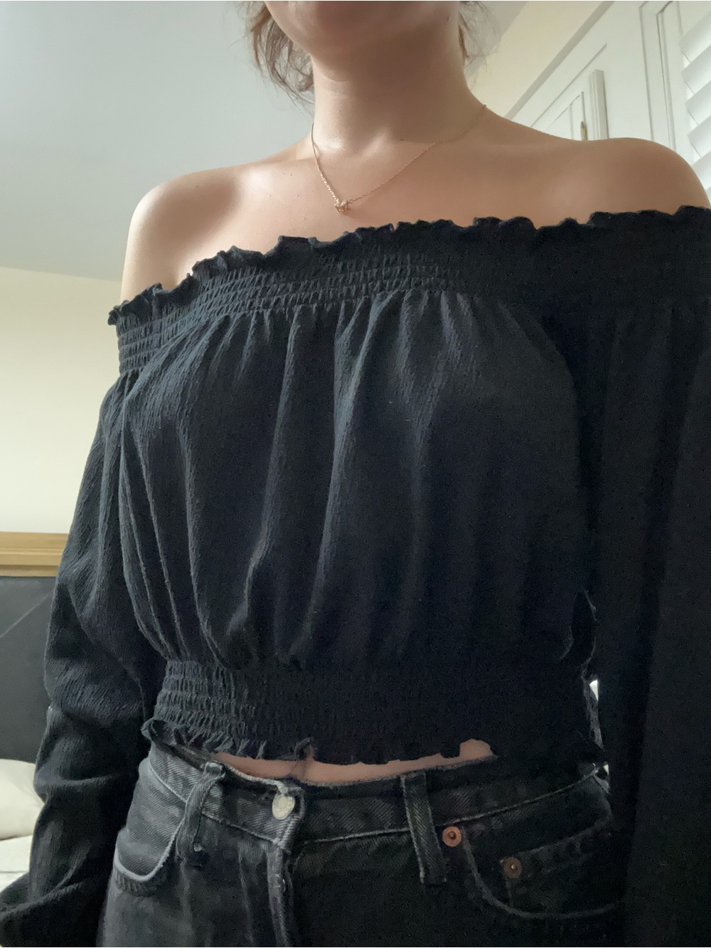 Chico's Black Off-the-Shoulder Smocked Waist Sweater